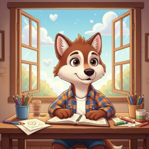 Lobombom Uivo, um lobinho simpático, sentado à mesa escrevendo histórias infantis em um ambiente acolhedor e educativo, com lápis de cor e caderno.