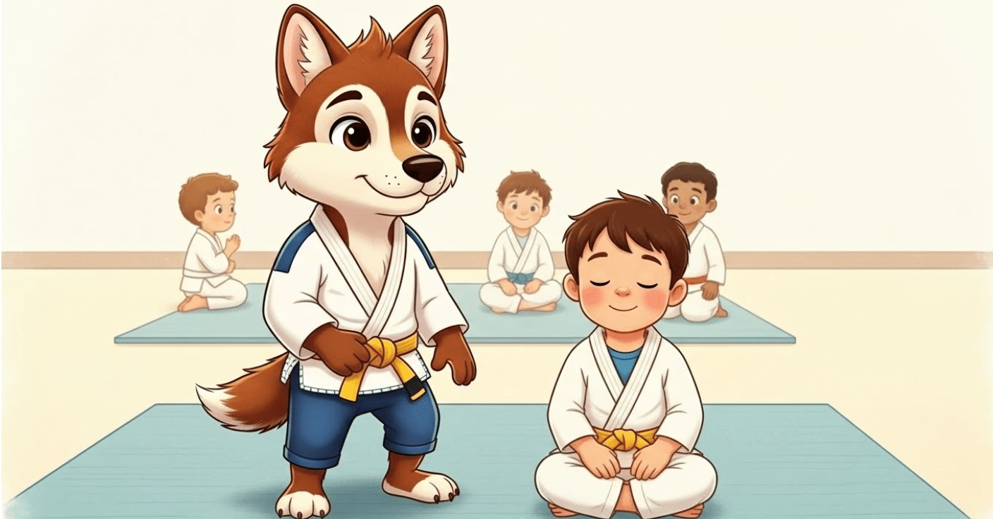 Ilustração infantil do Lobombom Uivo, um lobo gentil usando kimono de jiu-jitsu, ao lado de uma criança sentada no tatame, em um ambiente acolhedor com outras crianças ao fundo, representando aprendizado, respeito e bondade no esporte.