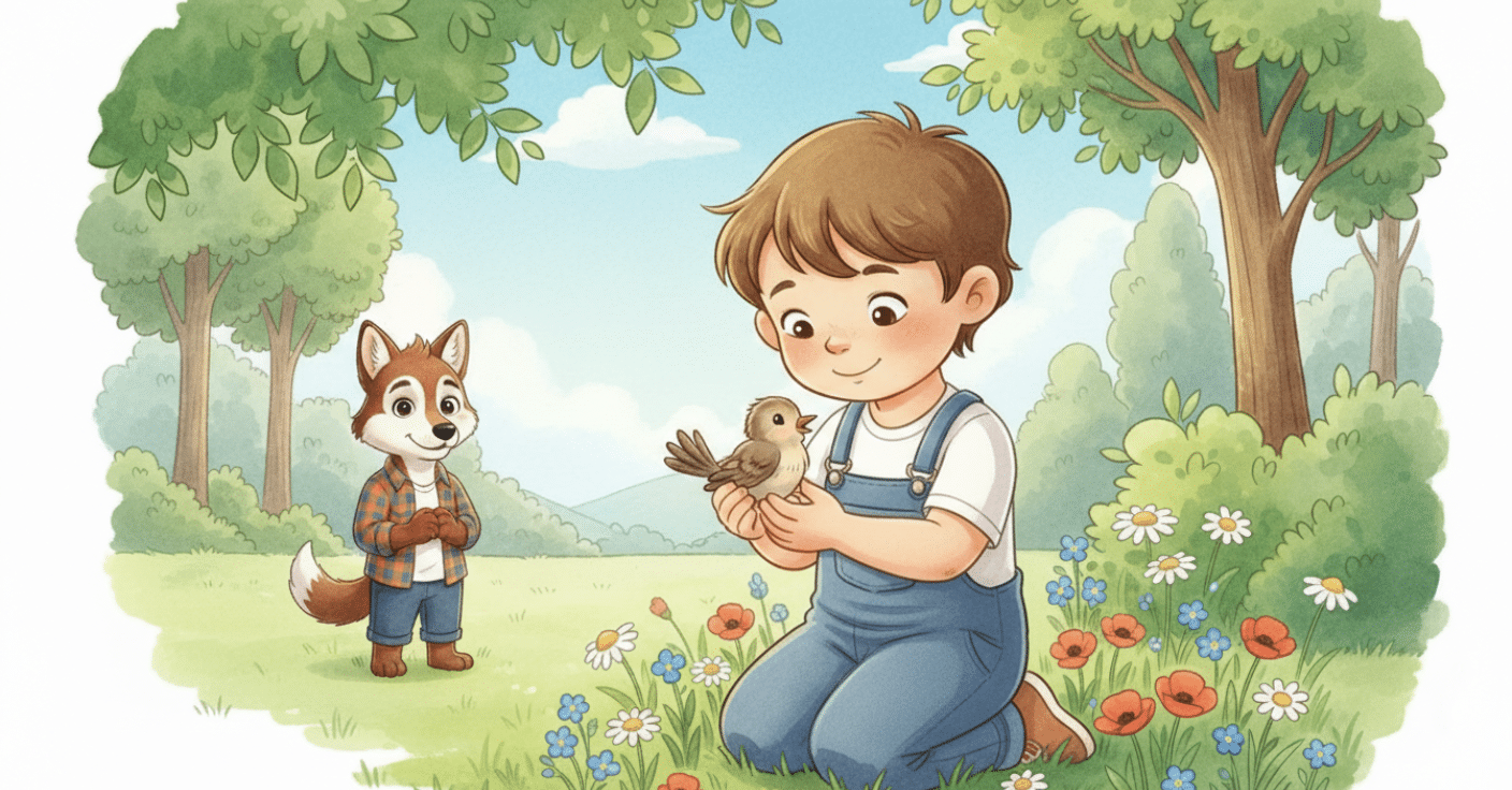 criança praticando generosidade ao ajudar um passarinho em história infantil educativa