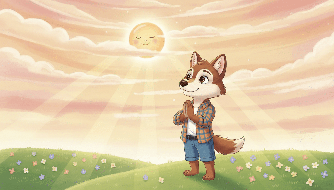 Ilustração infantil de um Sol brilhando atrás das nuvens ao amanhecer, simbolizando a luz de Deus e esperança.