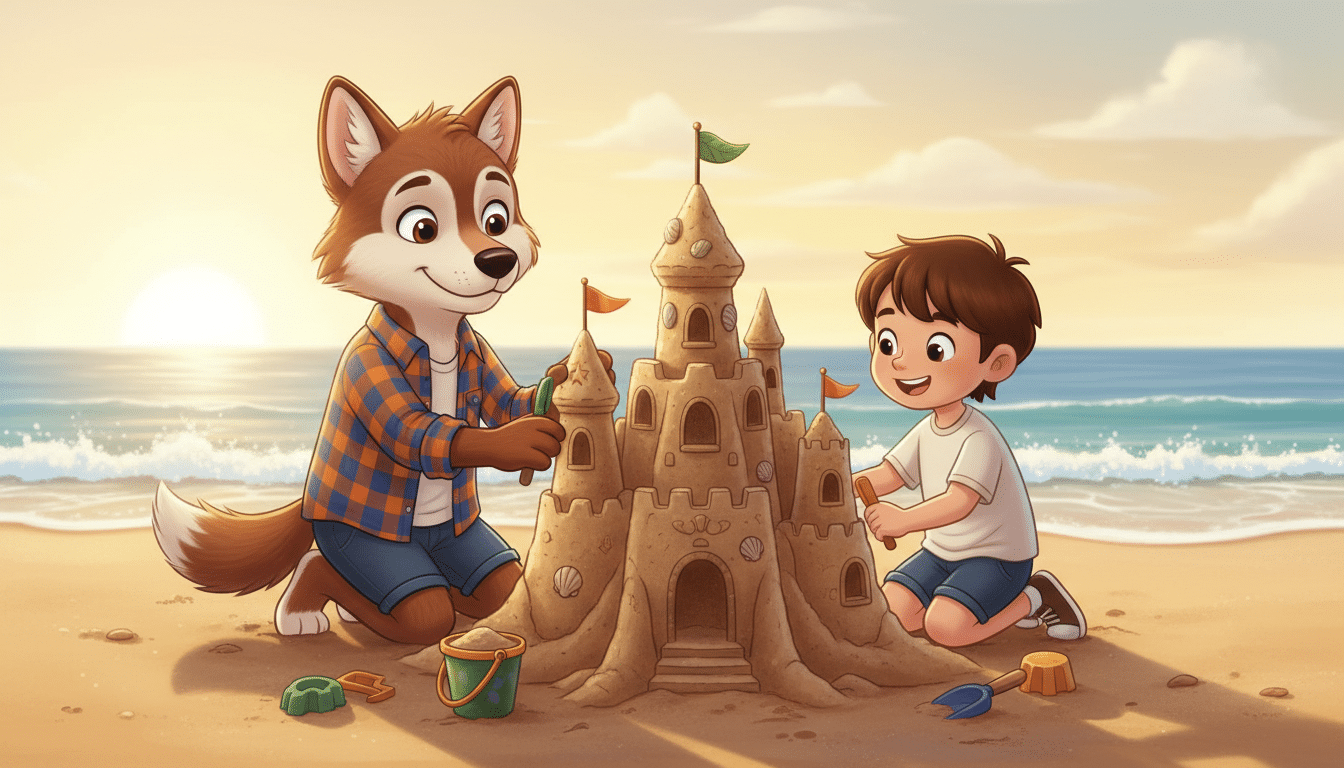 ilustração infantil de lobombom e criança construindo castelo de areia na praia ensinando perseverança e valores emocionais