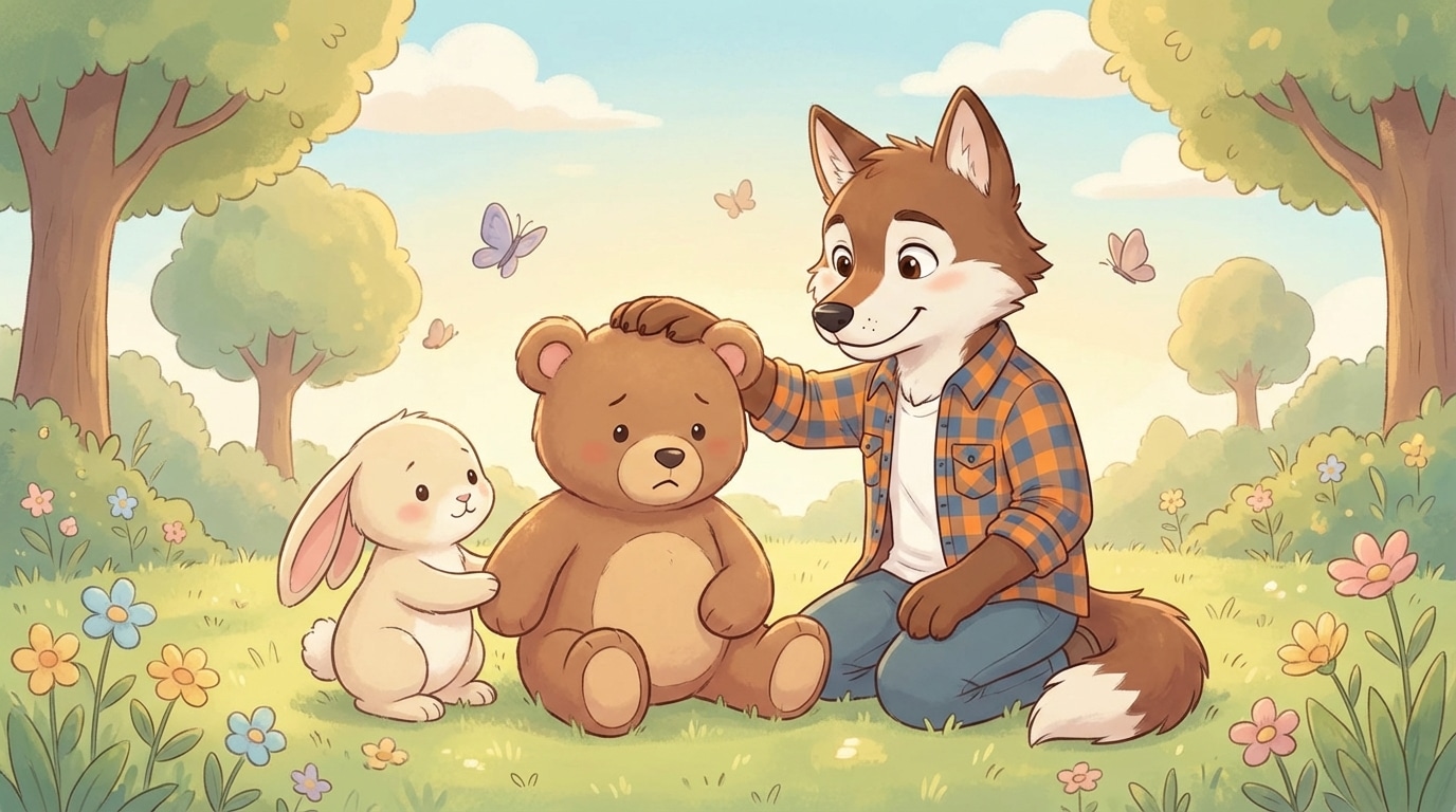 Ursinho triste sendo consolado por amigos em uma clareira ensolarada, ilustração infantil sobre empatia.